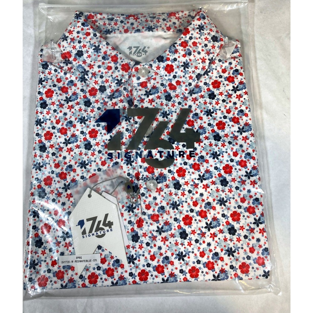 1764 Signature Sprig Golf Polo Mens Medium Red White Blue Floral SV17725 NWT